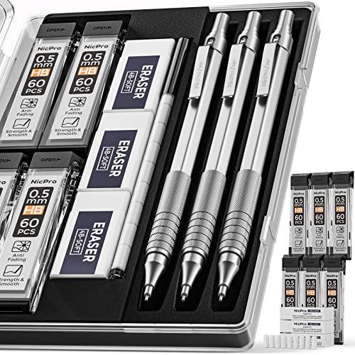Nicpro 0.5 mm Mechanical Pencils Set with Case, 3 Metal Artist Pencil With 360PCS HB Lead Refills, 3 Erasers,9 Eraser Refills For Architect Art Writing Drafting,Drawing, Engineering, Sketching, Silver