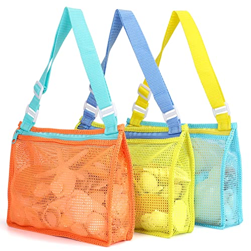 Beach Toy Mesh Beach Bag Kids Shell Collecting Bag Beach Sand Toy Totes for Holding Shells Beach Toys Sand Toys Swimming Accessories for Boys and Girls(Only Bags,A Set of 3)