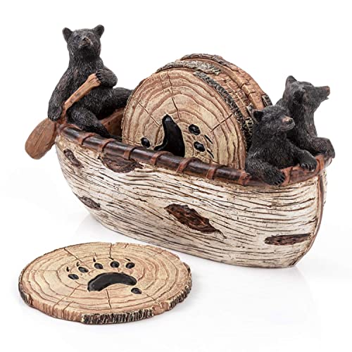 Bear Coasters Set – 6 Full Size Rustic Coasters in Handmade Canoe with Adorable Black Bear Figurines | Black Bear Log Cabin Decorations, Rustic Lodge Decor for The Home