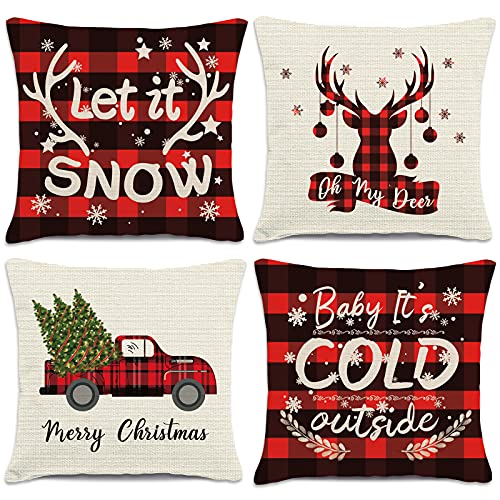 HAJACK Christmas Pillow Covers & Christmas Decorations, Throw Pillow Covers 18x18 Set of 4 with Red Buffalo Plaid Truck & Farmhouse & Deer Pattern, Soft Linen Fabric, Great Gift for Christmas