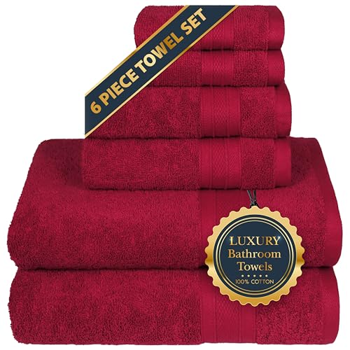 TRIDENT Luxury Soft Towel Sets for Bathroom, 6 Piece Towels Set, 2 Bath Towels, 2 Hand Towels, 2 face Cloths, Towel Set for Hote, Gym, spa, Fast Dry 100% Cotton, Red Towel Set