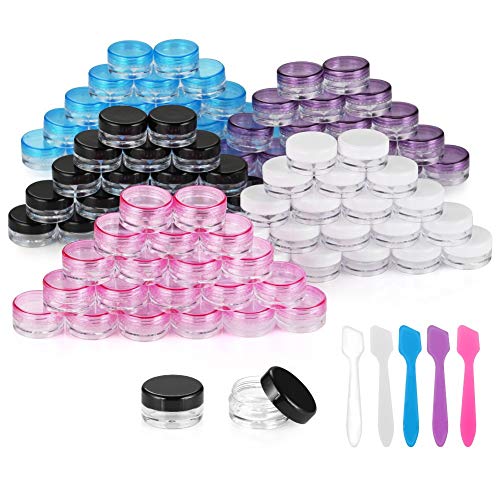 Accmor 100 Pieces 3g Empty Sample Containers with Lids Cosmetic Jars with 5 Pieces Mini Spatulas
