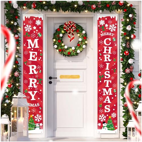 Merry Christmas Banner Sign - Christmas Front Porch Door Decorations - Outdoor Xmas Decor - Red Merry Christmas Sign for City, Country Clearance Wall Hanging Outside