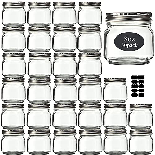 Rainforce Small Glass Mason Jars 8 oz 30 Pack With Silver Lids -1/4 Quart Canning/ Storage Pickling Jars For Jelly, Jam, Honey, Pickles and Spice With Free 30 Chalkboard Labels