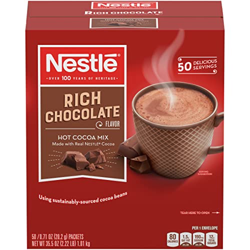 Nestle Hot Chocolate Mix, Hot Cocoa, Rich Chocolate Flavor, Made with Real Cocoa, 0.71 oz Packets (Pack of 50)
