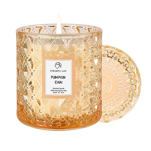 Chloefu LAN Pumpkin Chai Scented Candles Halloween Candles Gift, Farmhouse Candles for Home Scented, Luxury Scented Soy Jar Fall Candles with up to 55 Hour Long Lasting, Home Decor, 8.1oz