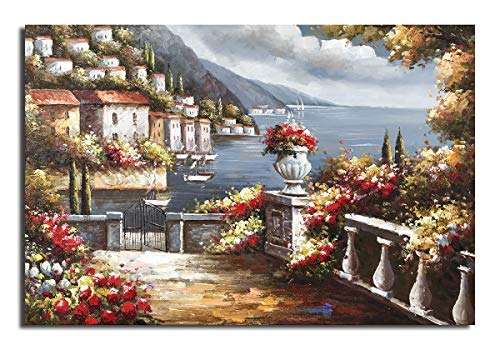 Paimuni 100% Hand Painted Canvas Wall Art Italy Town Mediterranean Tuscany Sea Coast Flowers Oil Painting Stretched and Framed Ready to Hang Landscape Scenery Wall Decor 36x24inch