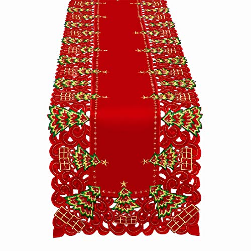 Grelucgo Embroidered Christmas Holiday Holly Tree Table Runner, Dresser Scarf, Rectangular 16 x 72 Inch