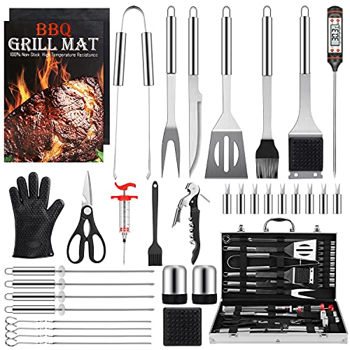 Birald Grill Set BBQ Tools Grilling Tools Set Gifts for Men, 34PCS Stainless Steel Grill Accessories with Aluminum Case,Thermometer, Grill Mats for Camping/Backyard Barbecue,Grill Utensils Set for Dad