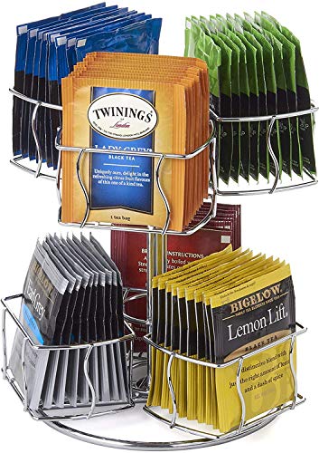 Nifty Tea Bag Spinning Carousel – 6 Compartments, Up to 60 Tea Bags Storage, Spins 360-Degrees, Lazy Susan Platform, Modern Chrome Design, Home or Office Kitchen Counter Organizer