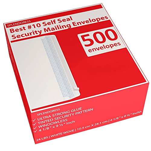 #10 Envelopes Letter Size Self Seal, Business White Security Tinted Peel and Seal, 500 Pack Windowless, Legal Size Regular Plain Envelopes 4-1/8 x 9-1/2 Inches - 24 LB Envelops