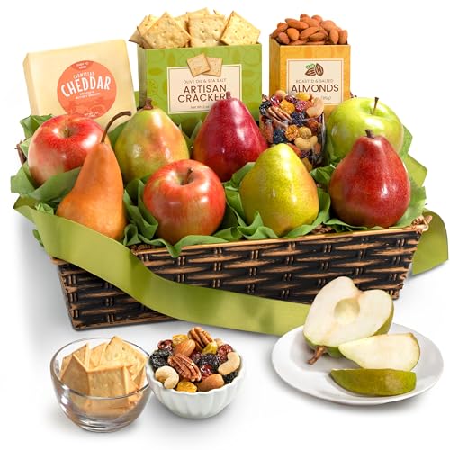 A Gift Inside Classic Fresh Fruit Basket Gift with Crackers, Cheese and Nuts for Birthday, Thank You, Family, Corporate