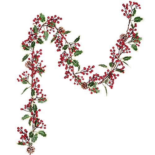 Lvydec Red Berry Garland Christmas Decoration Clearance - 7ft Artificial Red Berry Garland with Pine Cone and Green Leaves for Holiday Fireplace Stairs Table Decorations