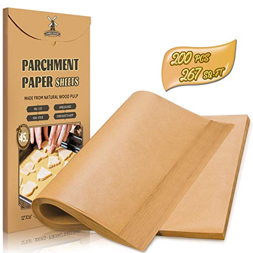 200 Pcs Unbleached Parchment Paper Baking Sheets, 12 x 16 Inch, Precut Non-Stick Parchment Sheets for Baking, Cooking, Grilling, Air Fryer and Steaming - Unbleached, Fit for Half Sheet Pans