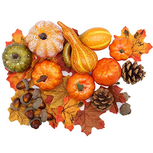 winemana Thanksgiving Artificial Pumpkins Fall Decorations for Home, 50Pcs Fall Decor- 30 Fall Leaves, 10 Acorns, 2 Pinecones, 8 Fake Pumpkins, Harvest Farmhouse Table Tiered Tray Decorations Set