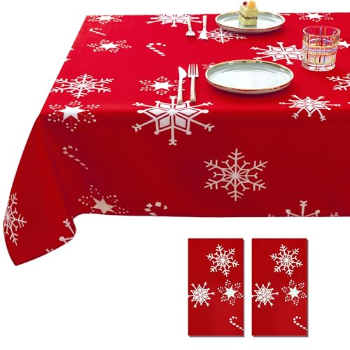 Obstal 2 Pack Christmas Table Cloth - Rectangle 60 x 84 Inch - Snowflake Printed Water Resistant Tablecloth, Decorative Fabric Table Cover for Holiday Party Dinner