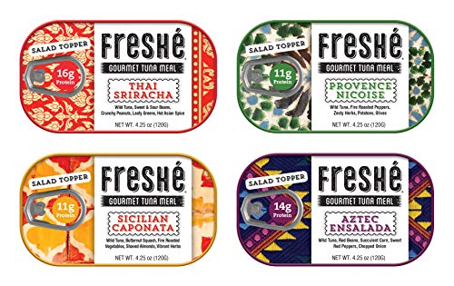 Freshé Gourmet Canned Tuna Variety Pack (4 Pack) Healthy High-Protein Snack & Ready-to-Eat Meal – All-Natural, Non-GMO, Wild-Caught Tuna – Mediterranean Diet Friendly