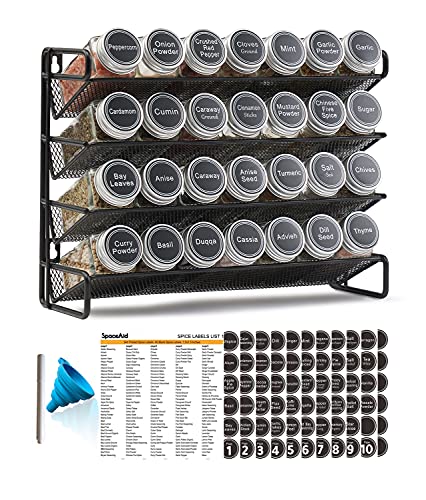 SpaceAid Spice Rack Organizer with 28 Spice Jars, 386 Spice Labels, Chalk Marker and Funnel Set for Cabinet, Countertop, Pantry, Cupboard or Door & Wall Mount - 28 Jars, 13.4' W × 10.8' H, Black