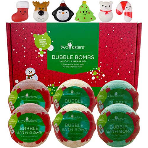Two Sisters Spa Bubble Bombs Holiday Surprise Set | Bath Bombs for Kids with Toys Inside | 6-Pack Set in a Gift Box | Safe for Sensitive Skin | Fizzy and Bubbly Bath Balls for Boys and Girls