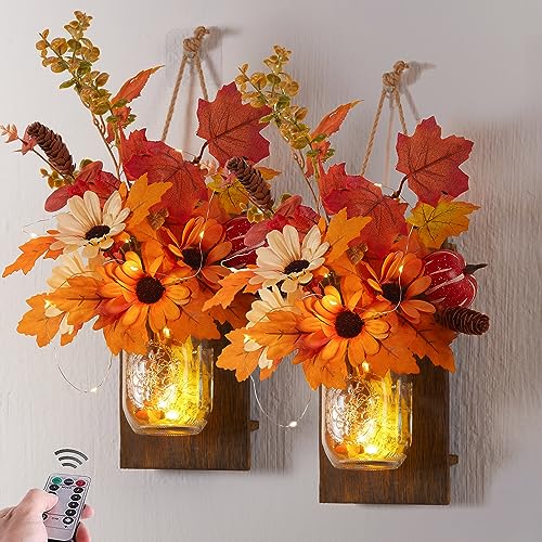PARTY JOY Fall Decor - Fall Decorations for Home Mason Jar Sconces Set of 2 Home Decor Wall Decor Rustic Wall Sconces with Remote Control LED Fairy Lights Thanksgiving Decorations Outside Indoor
