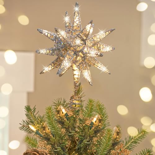 3D Lighted Plug-In Christmas Tree Topper with Timer - Vintage/Modern Silver Ornament