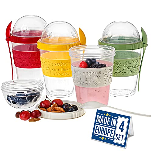 Crystalia Yogurt Parfait Cups with Lids, Reusable Yogurt Containers with Lids and Spoons, Take and Go Yogurt Cup with Topping Cereal or Oatmeal Container, Colorful Set of 4 (Large 20 oz)