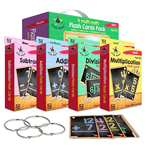 Star Right Math Flash Cards Set of 4 - Addition, Subtraction, Division, & Multiplication Flash Cards - 4 Rings - 208 Math Flash Cards - Ages 6 & Up - Kindergarten, 1st, 2nd, 3rd, 4th, 5th & 6th Grade