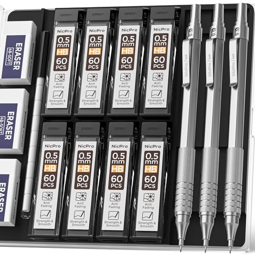 Nicpro 0.5 mm Mechanical Pencils Set with Case, 3 MP1000 Metal Artist Pencil & 480PCS HB Lead Refills, 3 Erasers,9 Eraser Refills For Architect Writing Drafting,Drawing, Engineering, Sketching, Silver