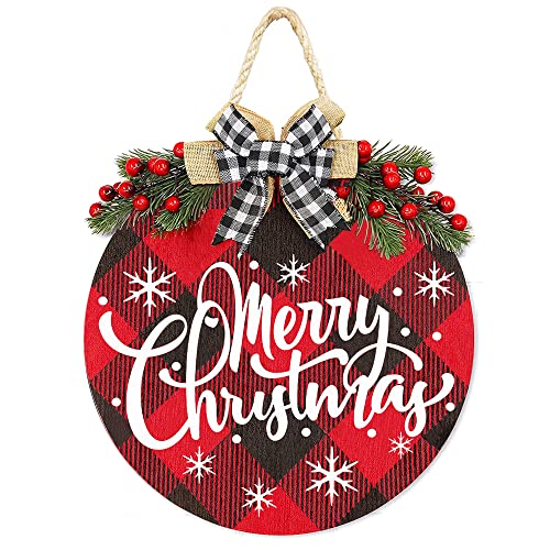 OscenLife Merry Christmas Decorations Wreath, Merry Christmas Buffalo Plaid Hanging Sign Rustic Wooden Holiday Decor for Front Door Porch Home Window Wall Farmhouse Indoor Outdoor Decorations