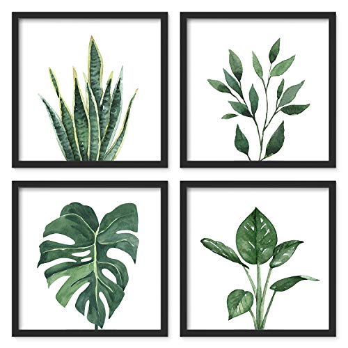 ArtbyHannah 10x10 Inch 4 Panels Botanical Framed Black Wood Picture Frame Set for Wall Art Décor with Watercolor Green Leaf Tropical Plant Square Frame for Bathroom Decoration