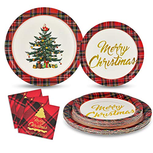 150 Pcs Merry Christmas Paper Dinnerware Set Christmas Tree Paper Plates and Napkins Christmas Party Supplies Including 50 Paper Plates 50 Dessert Plates 50 Napkins, Serves 50 Guests