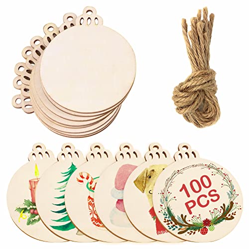 OurWarm 100pcs Natural Wood Slices 3.5inch, DIY Wooden Christmas Ornaments Unfinished Predrilled Wood Circles for Crafts Centerpieces Holiday Hanging Decorations