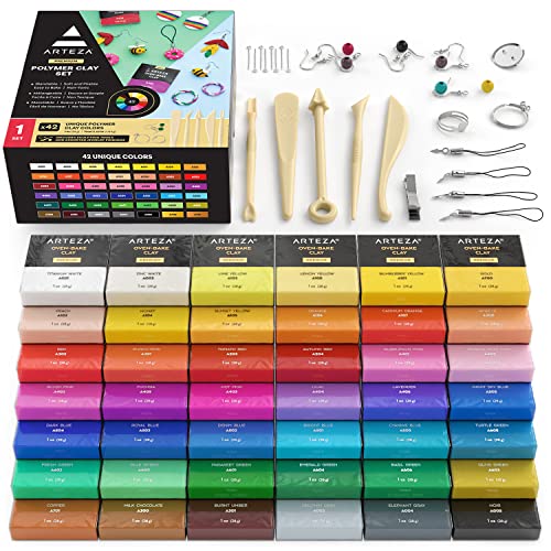 Arteza Polymer Clay Kit, Modeling Clay Oven Bake for Adults and Teens with 5 Sculpting Tools, 42 Colors, Made for Clay Earrings, Jewelry Making and Crafts