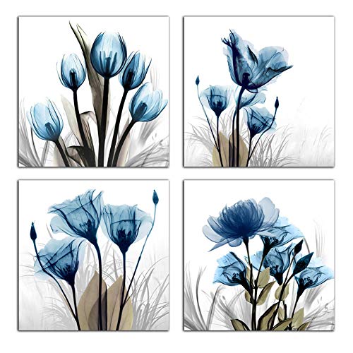 Flower Canvas Prints Wall Art Decor 4 Panels Blue Elegant Tulip Artwork Simple Life Picture for Living Room Bedroom Home Salon SPA Wall Decoration 12' x 12' 4 Pieces
