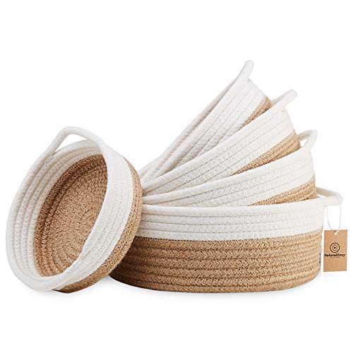 NaturalCozy 5-Piece Round Small Basket Set- Cotton Rope Woven Baskets for Organizing! Storage Basket for Montessori Toys, Fruits, Remotes, Bathroom, Desk, Key Tray Bowl for Entryway, Shallow Catchall