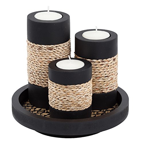 IYARA CRAFT Tealight Candle Holders with Candle Tray Set of 3 Decorative Candle Holders Matte Wood Finish with Small Rope Decoration