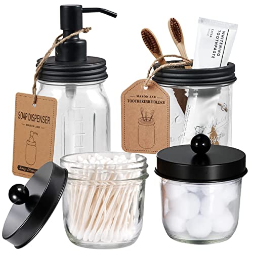 Mason Jar Bathroom Accessories Set(4 Pcs) -Lotion Soap Dispenser &Cotton Swab &Toothbrush Holder Set, Apothecary Jars Vanity Organizer-Rustic Farmhouse Decor (Black)