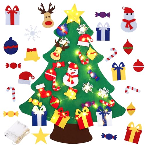 3FT DIY Felt Christmas Tree for Kids with 31pcs Detachable Ornaments,Wall Hanging Xmas Gifts Christmas Decorations with String Light (Batteries Not Included)
