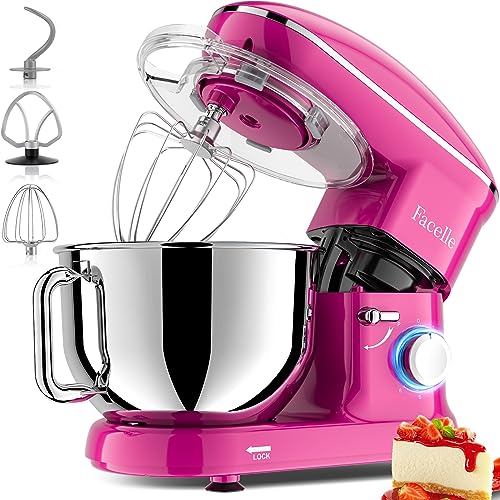 Facelle Stand Mixer, 660W 6 Speed Electric Kitchen Mixer with Pulse Button, Attachments include 6.5QT Bowl, Dishwasher Safe Beater,Dough Hook,Whisk & Splash Guard for Dough,Baking,Cakes,Cookie(Purple)