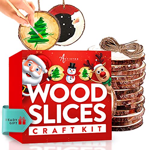ARTISTRO Wood Slices Kit, 24 Natural Unfinished Round Wooden Discs, 14 Acrylic Marker pens, Black Paint, Craft Supplies for Kids & Adults - Art Kit for Christmas Ornaments & DIY, Tree Coaster Circles