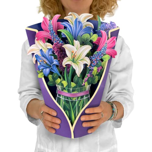 Freshcut Paper Pop Up Cards, Lillies & Lupines, 12 inch Life Sized Forever Flower Bouquet 3D Popup Greeting Cards with Note Card and Envelope