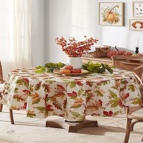 Newbridge Rustic Fall Acorn and Leaf Print Autumn Vinyl Flannel Backed Tablecloth, Thanksgiving Autumn Leaves Kitchen Dining Room Vinyl Tablecloth with Flannel Backing, 60” x 84” Oval