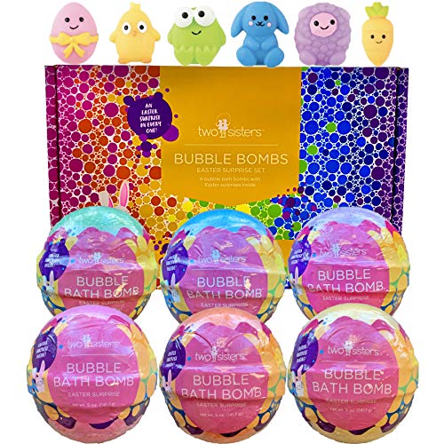Two Sisters Easter Bubble Bath Bombs for Kids with Surprise Squishy Toy Inside | Relaxing Scents, Releases Color, Won't Stain Tub, Moisturizes Dry Skin | Easter Basket Stuffers, 6PK Gift Set for Women