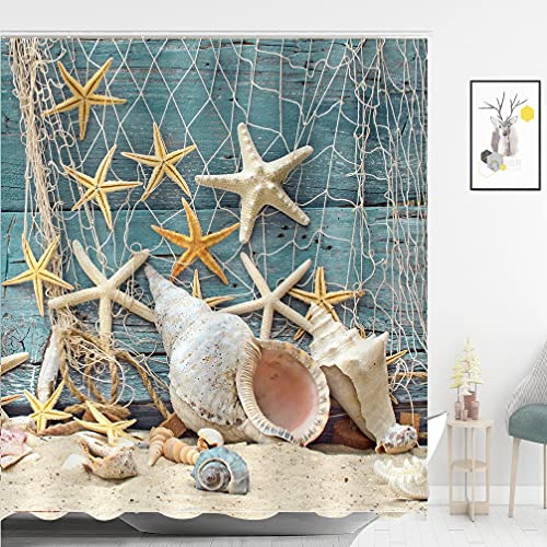 ABxinyoule Beach Shower Curtain Seashell Beach Theme Starfish Shell Waterproof Fabric Bathroom