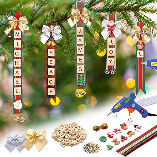 Christmas Ornaments Tree Decorations Personalized Crafts for Kids Adults Kit DIY Hot Glue Gun Ribbon Letter Tiles Jingle Bells Rustic Xmas Decor for Gifts Stockings Tags Present Toppers