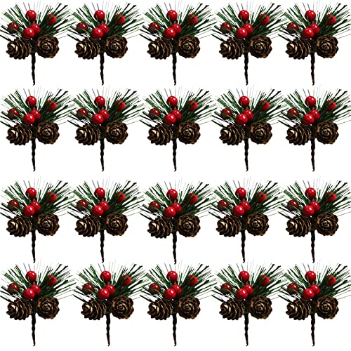 Acronde 20PCS Artificial Pine Picks Christmas Simulation Pine Needle Small Berries Pinecones for Flower Arrangements Wreaths Wedding Garden Xmas Tree Decorations (Red)