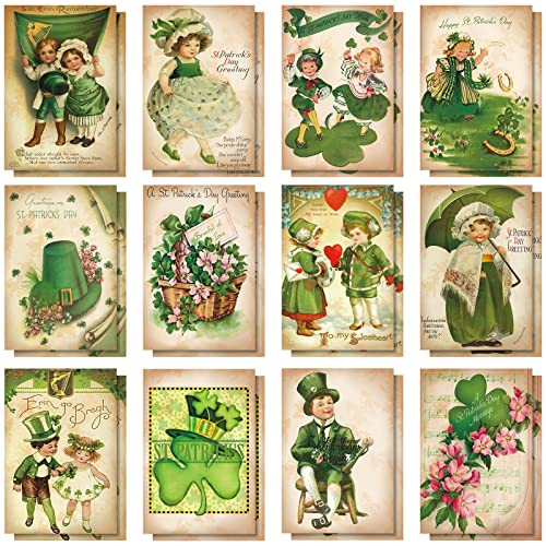 24 Set St Patrick's Day Cards with Envelopes Vintage St Patrick's Day Cards Retro Irish Cards Green Shamrock Clover Leprechaun Cards for Party Classroom Home Office Business