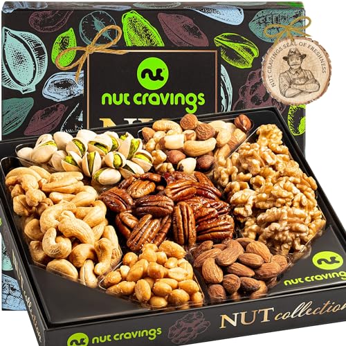 Nut Cravings Gourmet Collection - Easter Nut Collection Gift Basket in Elegant Box (7 Assortments) Purim Mishloach Manot, Arrangement Platter, Birthday Care Package - Healthy Kosher USA Made