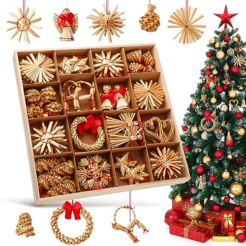 56 Pcs Straw Ornaments Set Scandinavian Christmas Decorations Including Stars Snowflakes Hearts Angel Wreath Goats/Julbuck for Danish Norwegia Nnordic Christmas Tree (Heart)