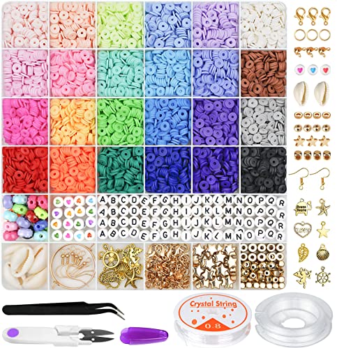 Gionlion 6000 Pcs Clay Beads for Bracelet Making, 24 Colors Flat Preppy Beads for Friendship Bracelet Kit, Polymer Clay Heishi Beads with Charms for Jewelry Making, Crafts Gifts for Teen Girls